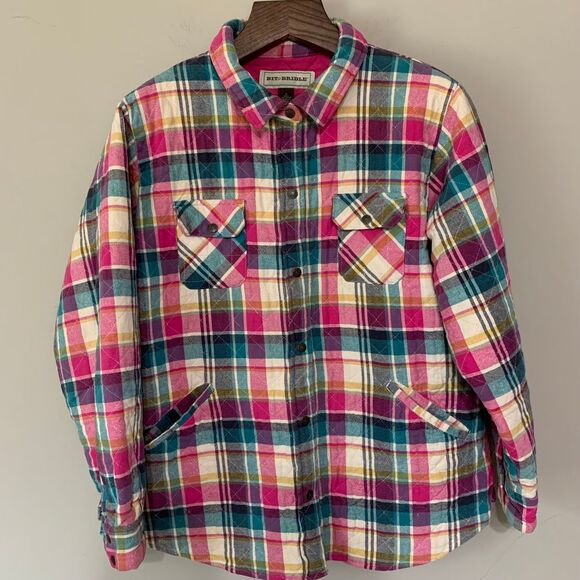 Bit & Bridle Jackets & Blazers - Bit and Bridle Quilted Pink/Teal Plaid Barn Snap Jacket/Shacket Size 1X